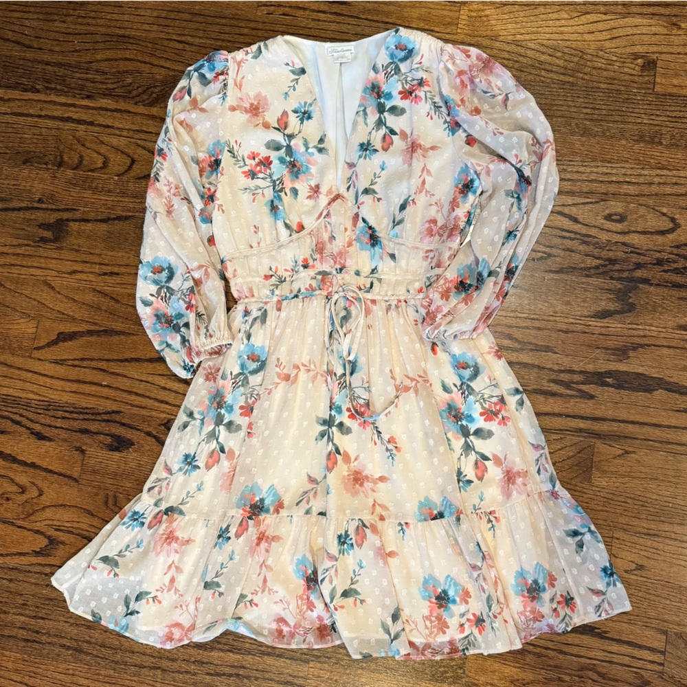 Shoshanna Cream Floral Tie-Waist Mini Dress with Blue & Pink Accents